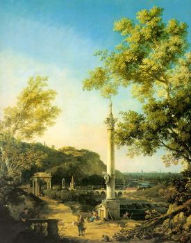Canaletto : Capriccio, River Landscape with a Column, a Ruined Roman Arch, and Reminiscences of England