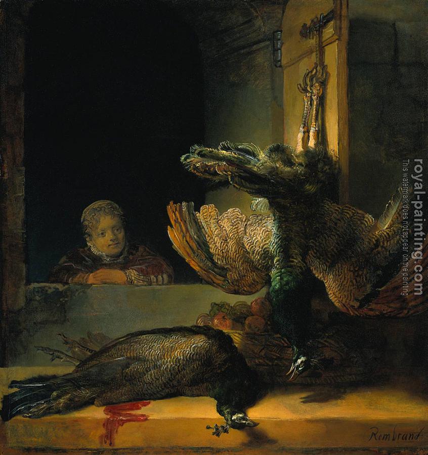 Rembrandt : Still life with two Peacocks and a Girl