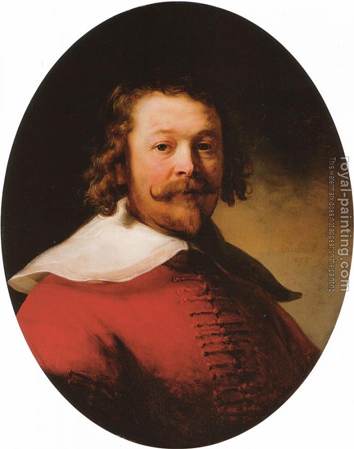 Rembrandt : Portrait of a bearded man, bust length, in a red doublet